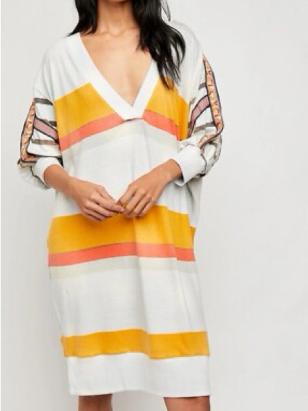We The Free V-Neck Tunic Dress in White, Mustard & Coral Stripe
